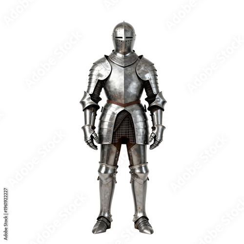 Full suit of plate armor for medieval knight in studio setting