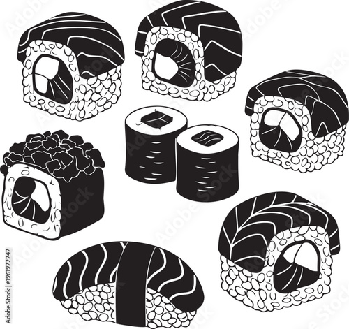 Sushi rolls set in black silhouette, various japanese food, maki and nigiri, traditional asian cuisine, seafood snack.