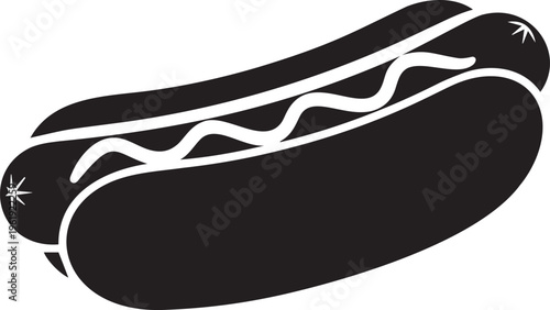 Black silhouette of a classic hot dog in a bun, topped with a wavy line of sauce, ready to be served.