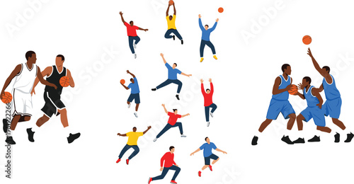 Basketball players set with athletes dribbling, passing, shooting and jumping in action sports flat vector illustration collection