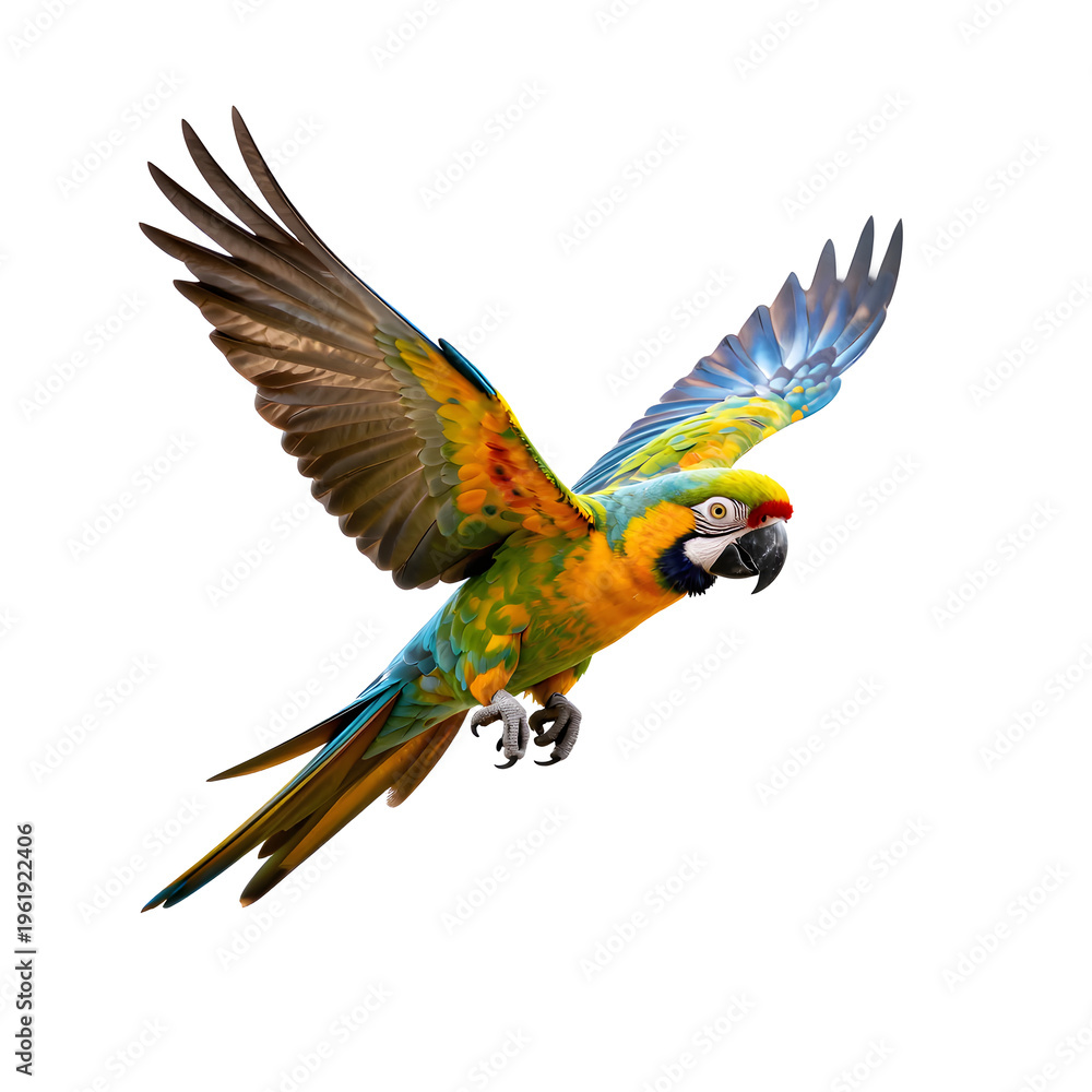 Fototapeta premium Vibrant blue and gold macaw soaring through the air with wings spread wide
