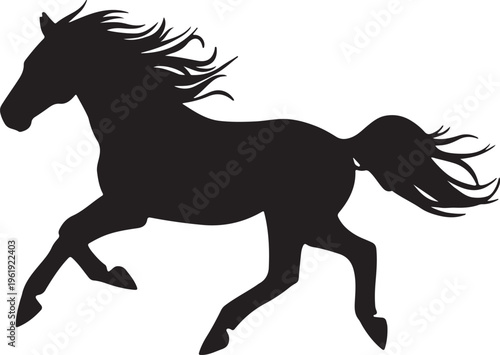 A black silhouette of a horse running with its mane and tail flowing in the wind on a white background