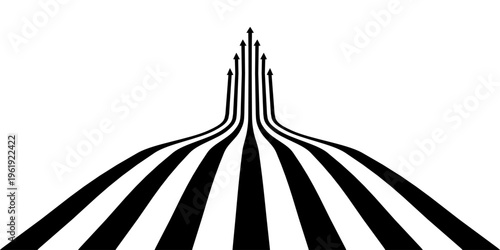 Black on white abstract perspective line stripes arrow with 3d dimensional effect isolated on white. 