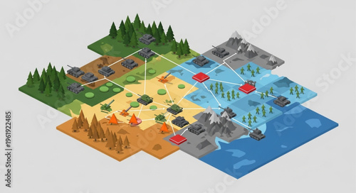Isometric World Map with Diverse Terrains and Strategic Game Elements.