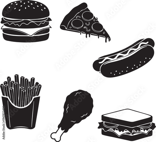 Collection of popular fast food items like burger, pizza, hot dog, fries, chicken and sandwich.