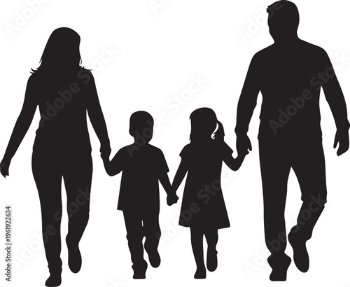 Family walking together in black silhouette, parents and children holding hands, united group, parental love, happy childhood.