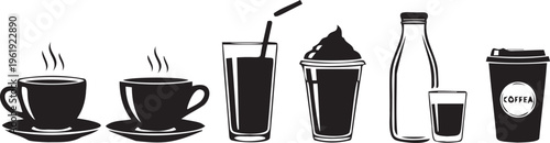 Hot and cold beverage set with coffee cups juice glass milkshake milk bottle and paper cup silhouettes isolated on transparent grid.