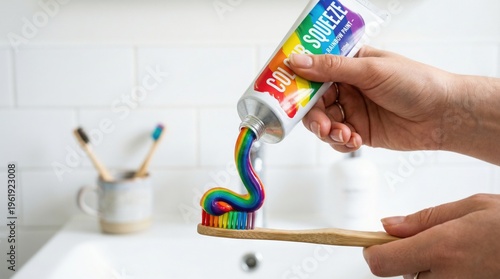 Colorful Toothpaste Squeezed onto Wooden Toothbrush in Modern Bathroom