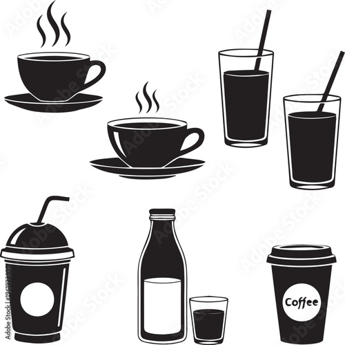Selection of hot and cold beverages including coffee cups tea mugs juice glasses and takeout containers in silhouette style.