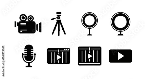 Video Production Icons: Camera, Tripod, Microphone, Ring Lights, Play Button, Timeline