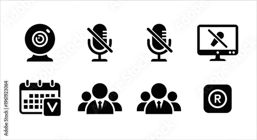 Video Conference Icons: Webcam, Muted Microphones, Screen, Calendar, People, Copyright Symbol
