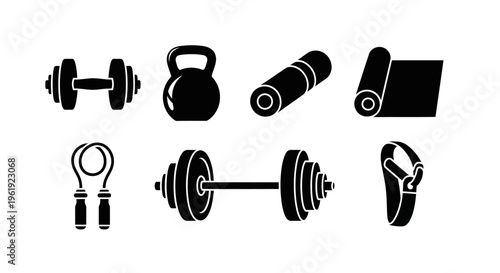 Fitness Equipment Icons: Dumbbells, Kettlebell, Jump Rope, Yoga Mat, Carabiner