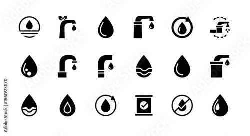 Water Drop Icons Set: Faucet, Recycle, Purity, Oil Barrel, Clean Water Symbols