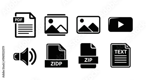 Collection of Digital File Icons: PDF, Image, Video, Audio, Zip, Text