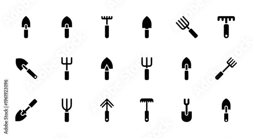 Gardening Tools Icons Set: Shovel, Rake, Fork - Vector Illustration