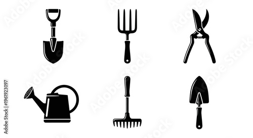 Gardening Tools Icons Set: Shovel, Fork, Secateurs, Watering Can, Rake, Trowel - Black and White