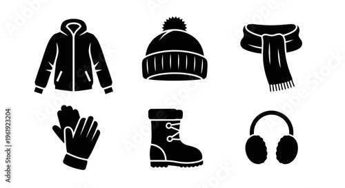 Winter Clothing Icons Set: Jacket, Hat, Scarf, Gloves, Boots, Earmuffs - Black Silhouette