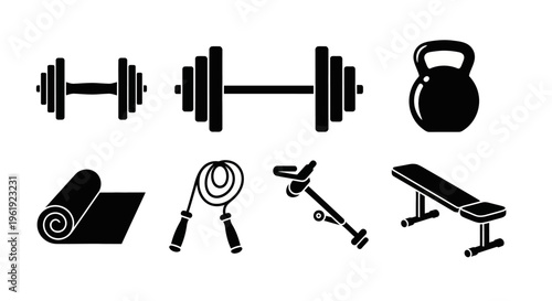 Fitness Equipment Icons: Dumbbells, Kettlebell, Mat, Jump Rope, Ab Roller, Bench