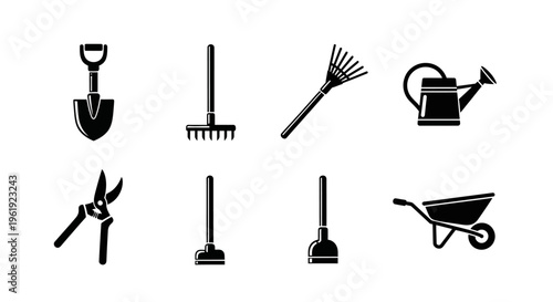 Garden Tools Icons Set: Shovel, Rake, Pruners, Watering Can, Wheelbarrow, Plunger