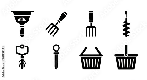 Set of Garden Tools Icons: Funnel, Fork, Trowel, Auger, Dibber, Baskets