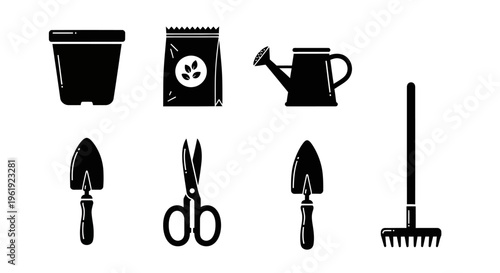 Gardening Tools and Supplies Icon Set - Pot, Seeds, Watering Can, Trowels, Scissors, Rake