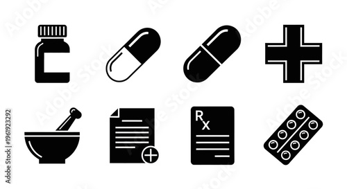 Medical Icons Set: Pills, Prescription, Mortar, Cross, Bottle, Blister Pack
