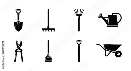 Set of Garden Tools Icons: Shovel, Rake, Secateurs, Watering Can, Wheelbarrow, Trowel