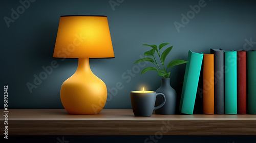 Modern table lamp with books plant and candle cozy home interior lighting concept