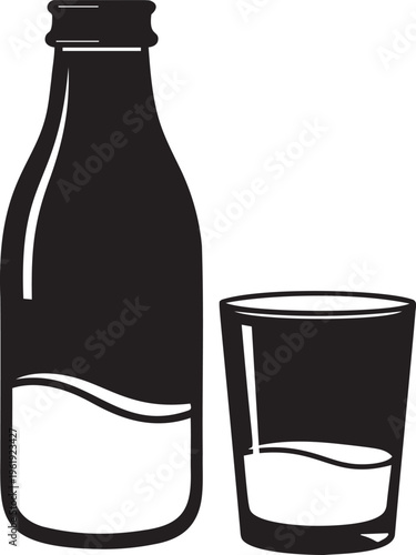 Bottle and glass of milk vector illustration simple black and white graphic beverage healthy drink food icon.