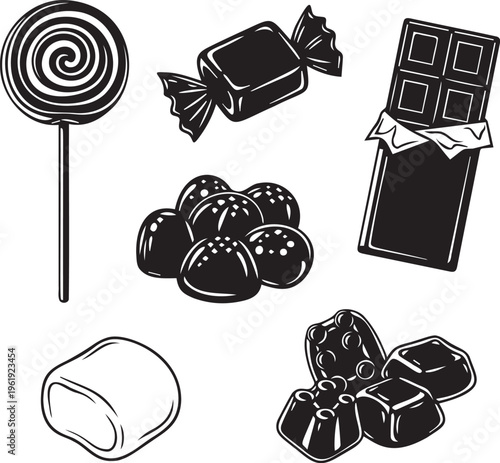 Candy sweets collection featuring lollipop chocolate bar and wrapped taffy treats in black and white silhouette vector set icon.