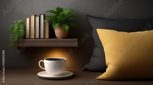 Cup of coffee with books and plant on shelf cozy home relaxation interior concept