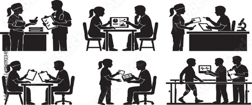 Doctor and Pharmacist Antimicrobial Stewardship Meeting Collaboration Vector Silhouette Set