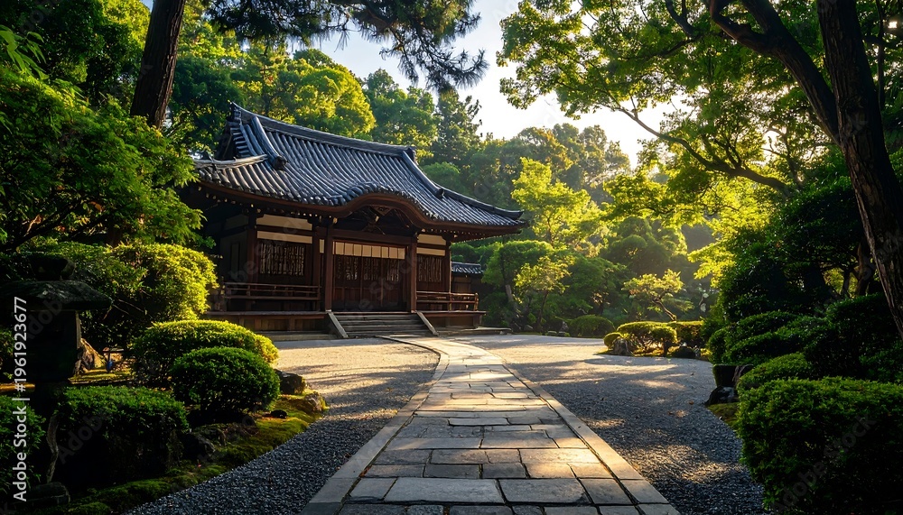Fototapeta premium Serene Japanese Garden Pathway Leads to Traditional Wooden Pavilion