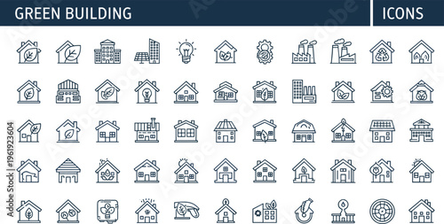Green building outline icon set featuring eco houses renewable energy sustainability smart home architecture editable minimal vector collection