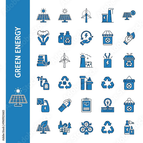 Green energy icons, eco friendly symbols, sustainable power, renewable resources