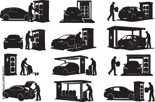 Electric Car Battery Swap Station Vector Silhouettes Set, EV Charging Alternative System, Renewable Transport Energy and Smart Mobility Concept