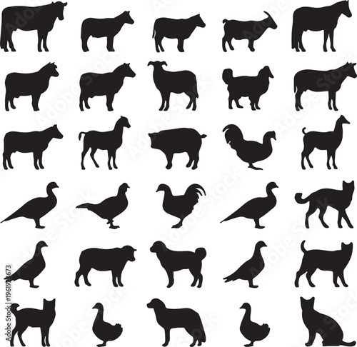 Collection of black silhouettes of various farm animals and birds