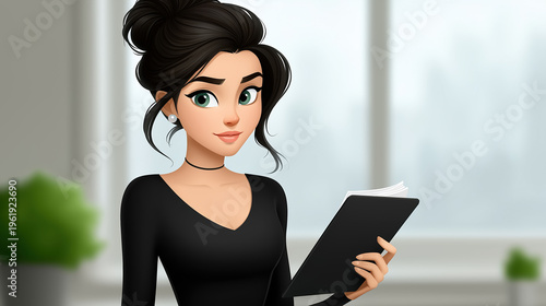 Cartoon business woman holding tablet professional female manager character illustration