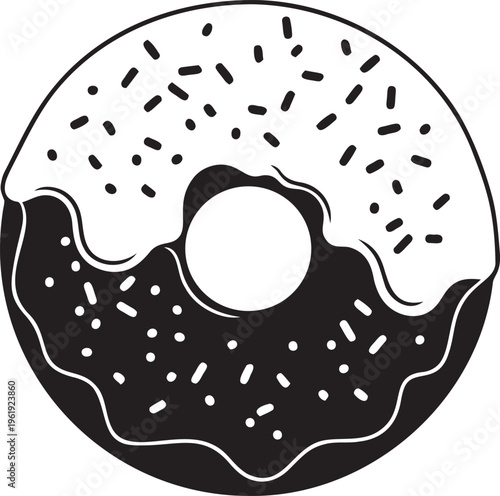 Sweet donut with chocolate glaze and sprinkles silhouette icon for dessert menu design and bakery shop advertising graphic element.