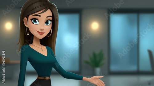 Confident businesswoman presenting idea with open hand gesture in modern office presentation communication and leadership concept