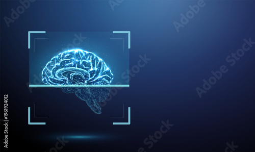 3d human brain inside digital scanning frame. Neurological examination, brain activity analysis, MRI-style imaging, cognitive function assessment, disease detection concept.