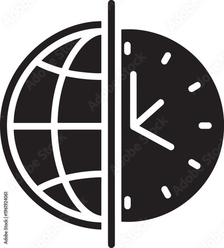 Half earth icon and half clock face, concept of global time, international deadlines, business travel and scheduling, time sensitive illustration