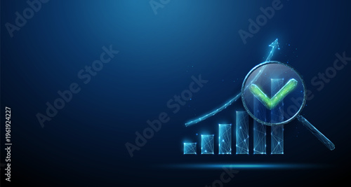 3d blue rising chart under magnifying glass with green check mark. Business analytics, growth tracking, performance monitoring, financial analysis concept