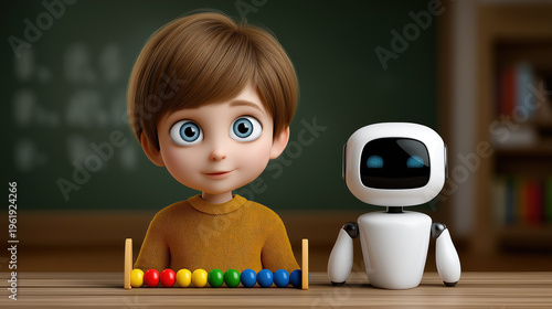 Cute child learning math with educational robot and colorful counting beads STEM education technology classroom concept