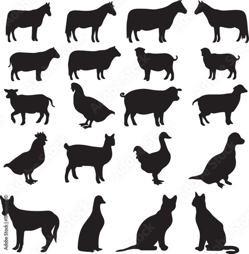 Collection of black silhouettes of various farm and domestic animals