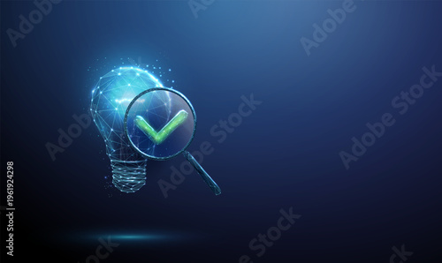 3d light bulb, magnifying glass with green check mark. Verified idea, successful innovation, insight, confirmed inspiration, brainstorming, creative process concept.