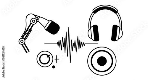 Podcast recording equipment and audio waveform illustration