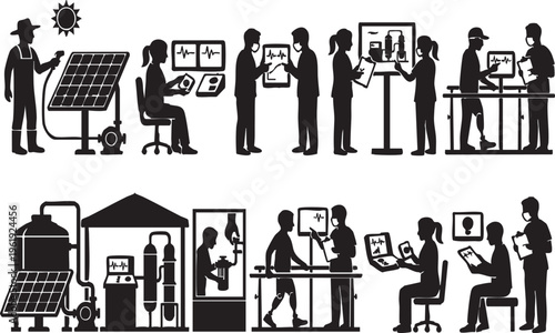 Sustainable Farming and Medical Technology Research Vector Silhouettes Set