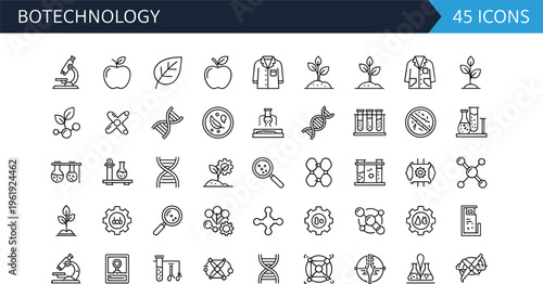 Biotechnology line icon set featuring DNA laboratory research genetics plants vaccines microscopes medical science symbols outline vector collection