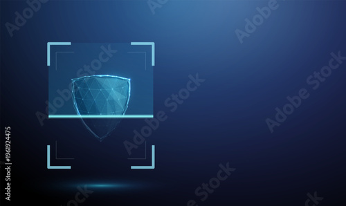3d blue shield inside digital scanning frame. Security analysis, protection assessment, vulnerability monitoring, cybersecurity inspection, system safety verification concept.